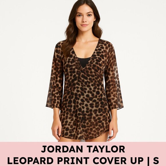 🐆 Jordan Taylor Mesh V-Neck Bell-Sleeve Leopard Print Tunic Cover-Up - Small - Picture 1 of 9